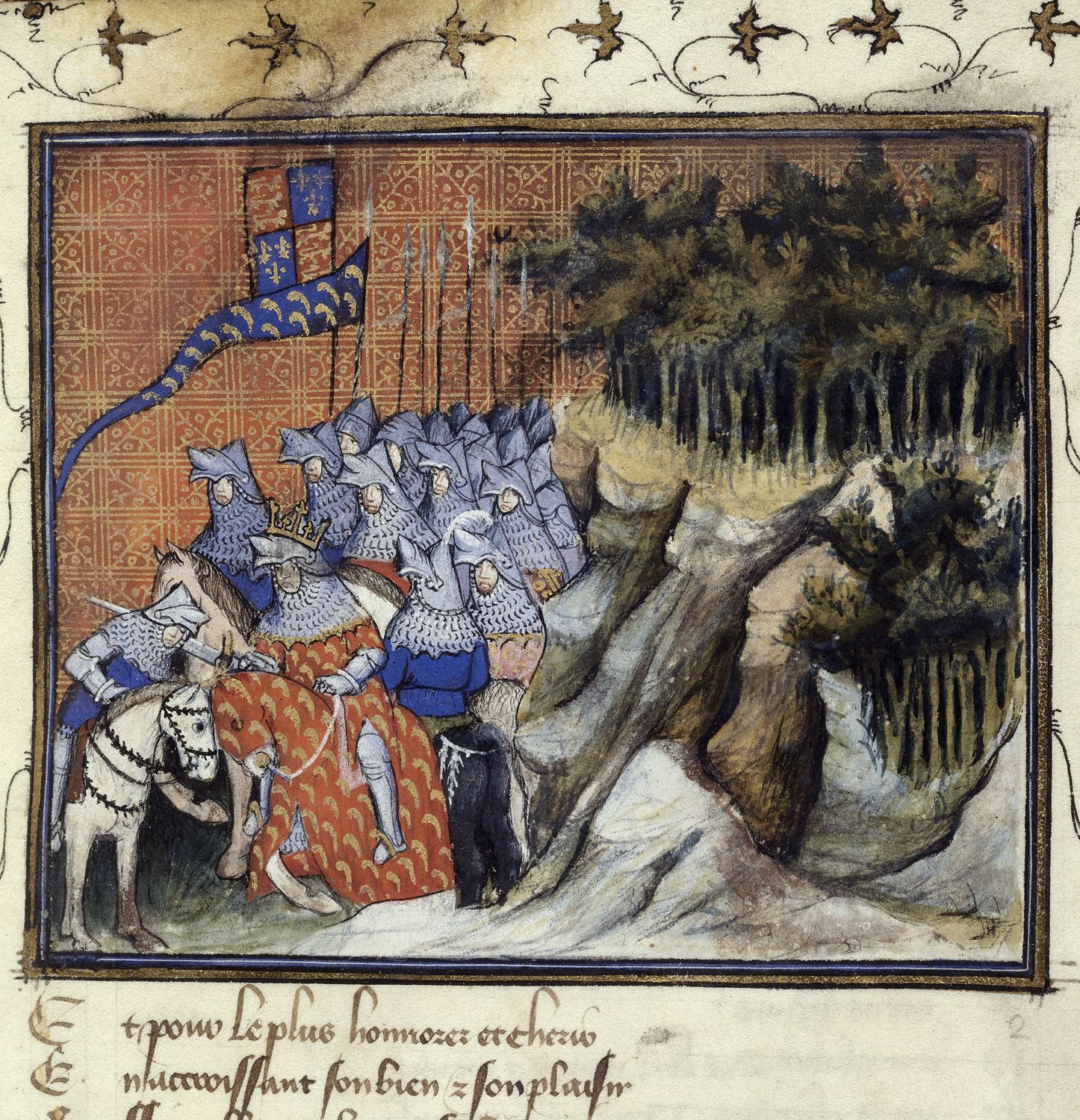 Miniature of Richard II knighting Henry of Monmouth from BL Harley 1319. The painting shows Richard and his men mounted in front of a copse of trees with Richard's sword on Henry's shoulder.